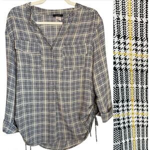 Cocomo Size L 3/4 Sleeve Georgette Blouse Black Mustard‎ Cream Glen Plaid